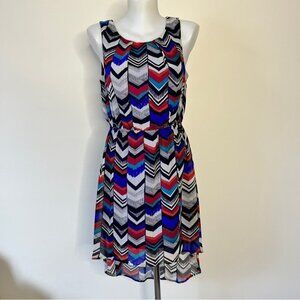 Dex Hi Low Dress Chevron Key Hole Back Lined Striped Blue Red Black Party  Sz M